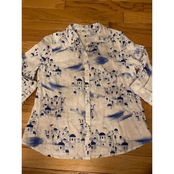 Charter Club women white rolled sleeve pattern linen button down collared top PL - Picture 1 of 9